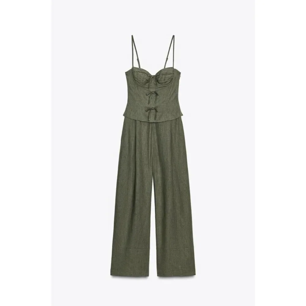Zara Womens Jumpsuit XS Green Linen Bow Spaghetti Strap Wide Leg 8447/734 NWD